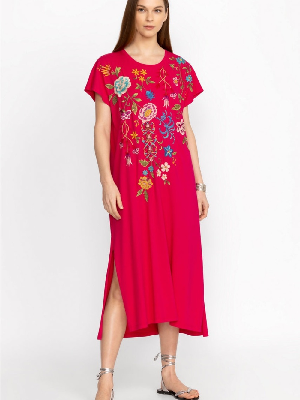 Johnny Was Fuchsia Embroidered Floral Midi Dress